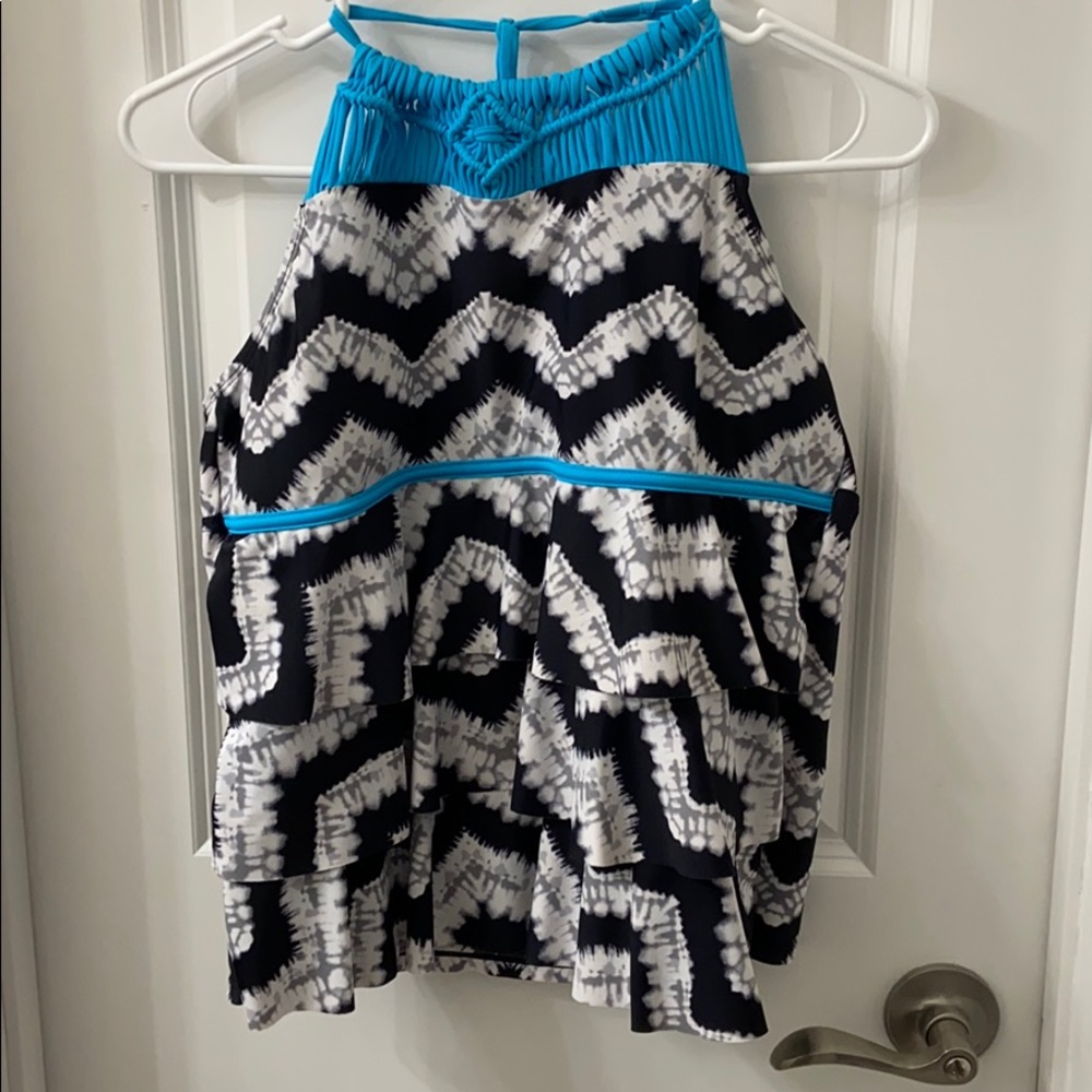 black, white, grey and blue halter tankini